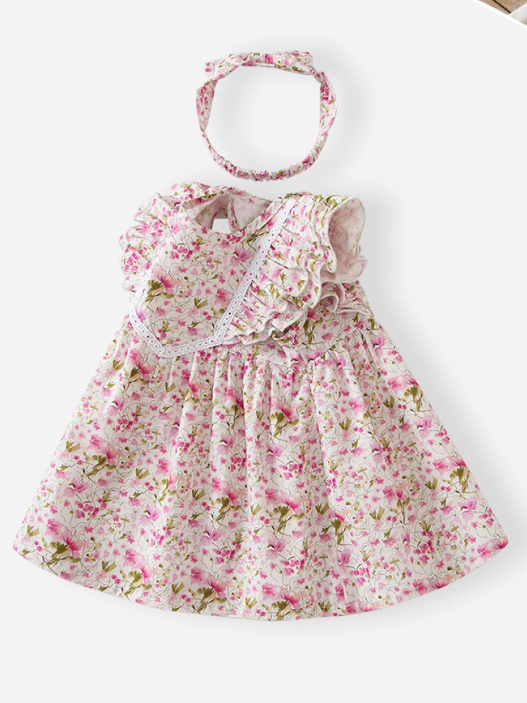 StyleCast Girls Pink & White Floral Printed Sleeveless Ruffles Fit & Flare Dress