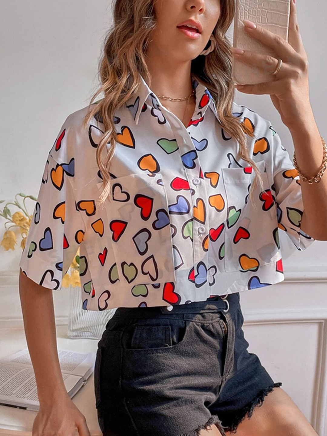 BAESD Smart Conversational Printed Spread Collar Opaque Crepe Casual Shirt