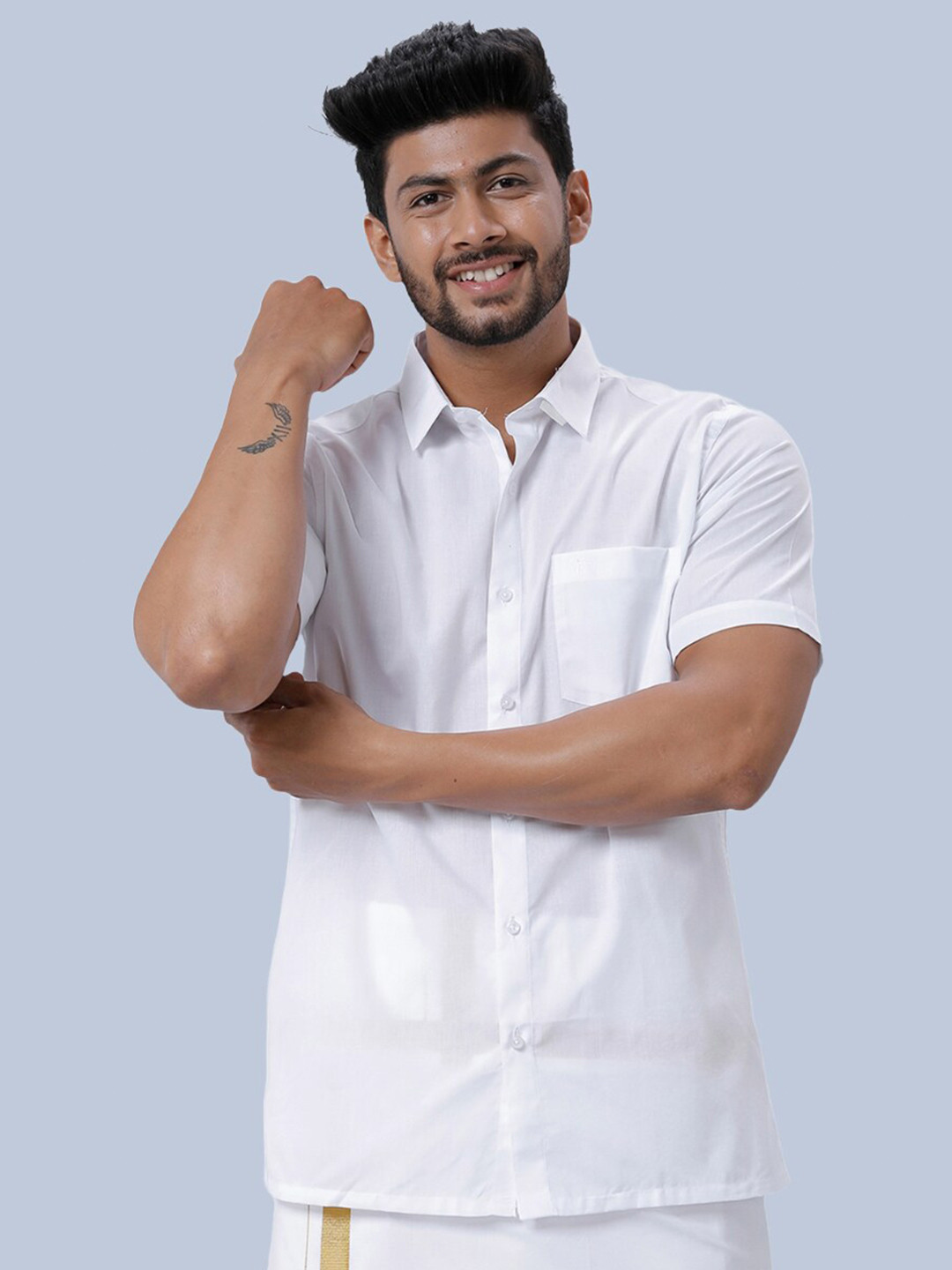 Ramraj Short Sleeves Pure Cotton Shirt With Golden Jari Dhoti