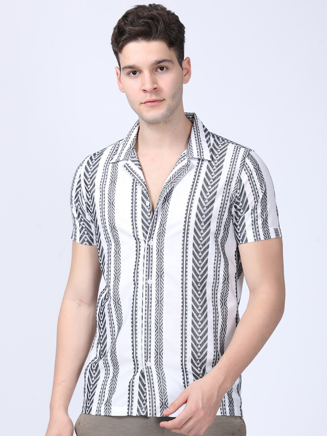 POE Smart Slim Fit Abstract Printed Cuban Collar Short Sleeves Cotton Casual Shirt
