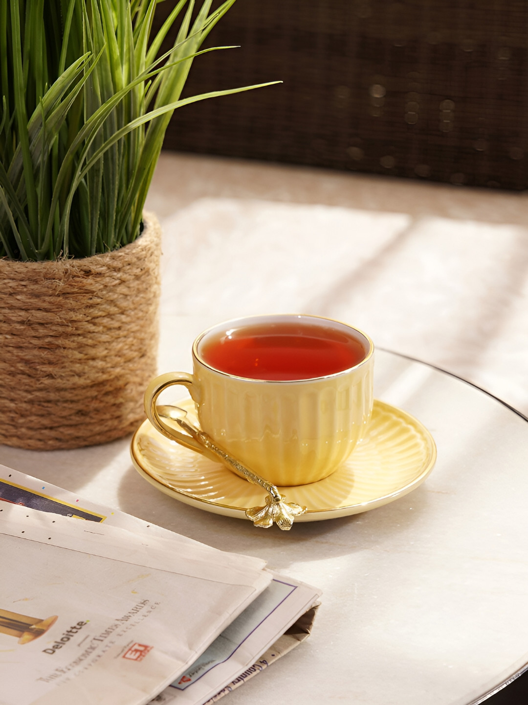 Pure Home and Living 2 Pieces Yellow Ribbed Ceramic Cup & Saucer