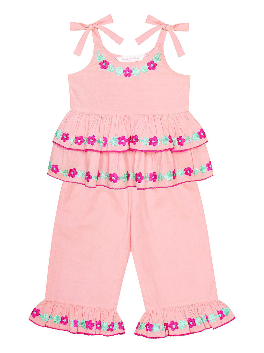 Budding Bees Boys Shoulder Straps Embroidered Pure Cotton Top with Pyjamas