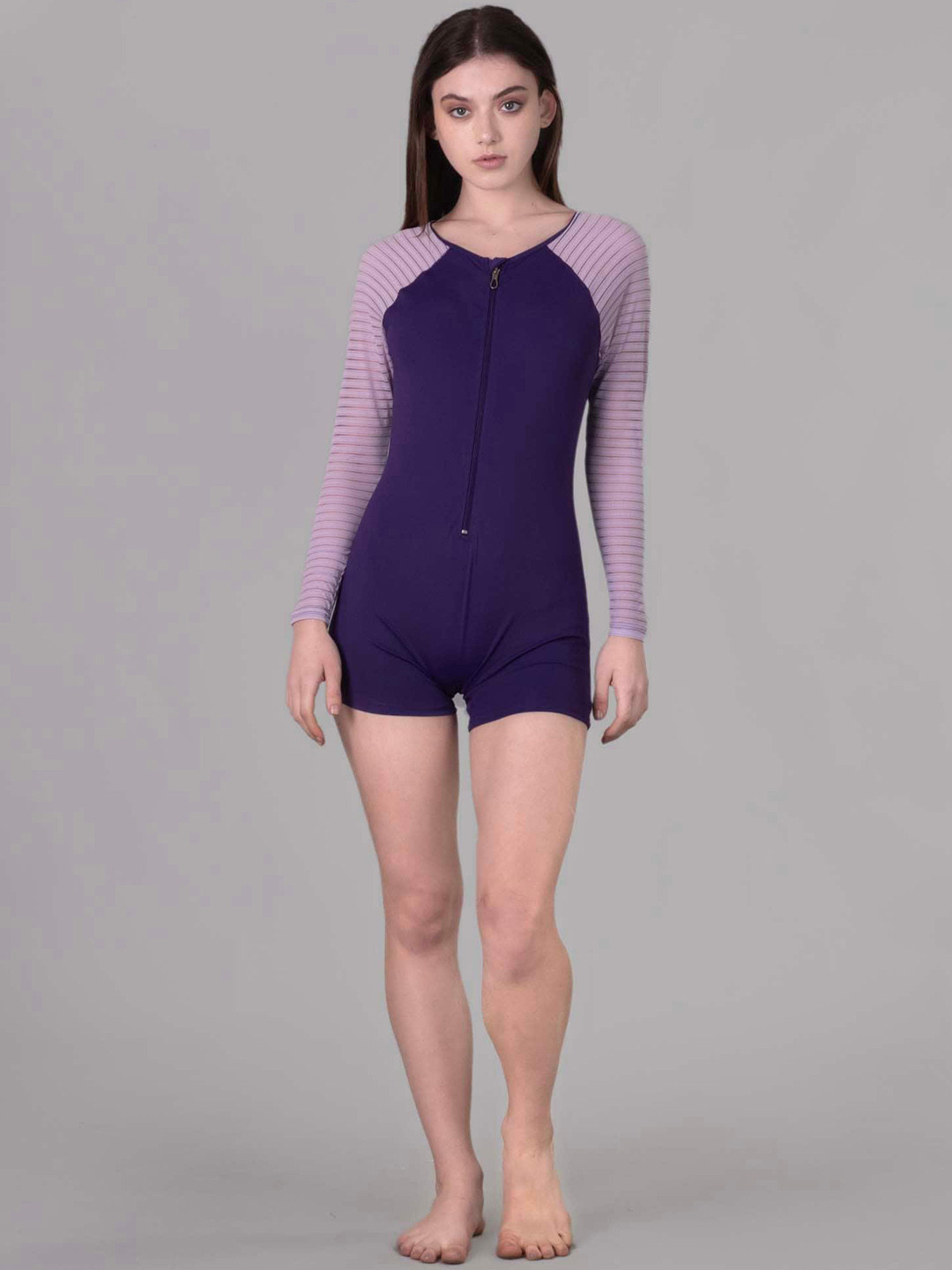 Keepfit Womens Zipper Full Sleeves Padded Legsuit with net Detail Purple