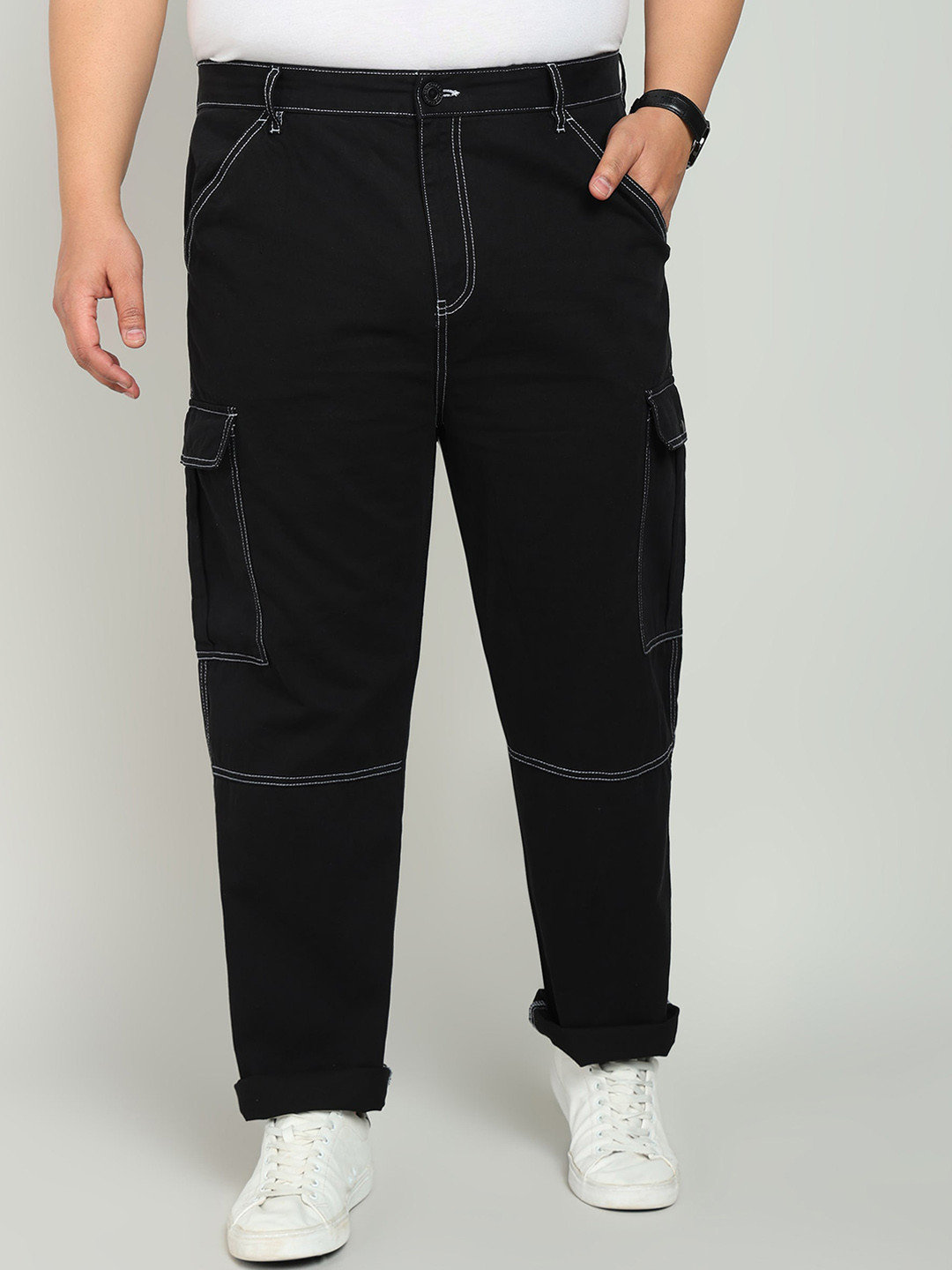 Bene Kleed Plus Men Plus Size Relaxed Cargo Trouser With Contrast Stitch