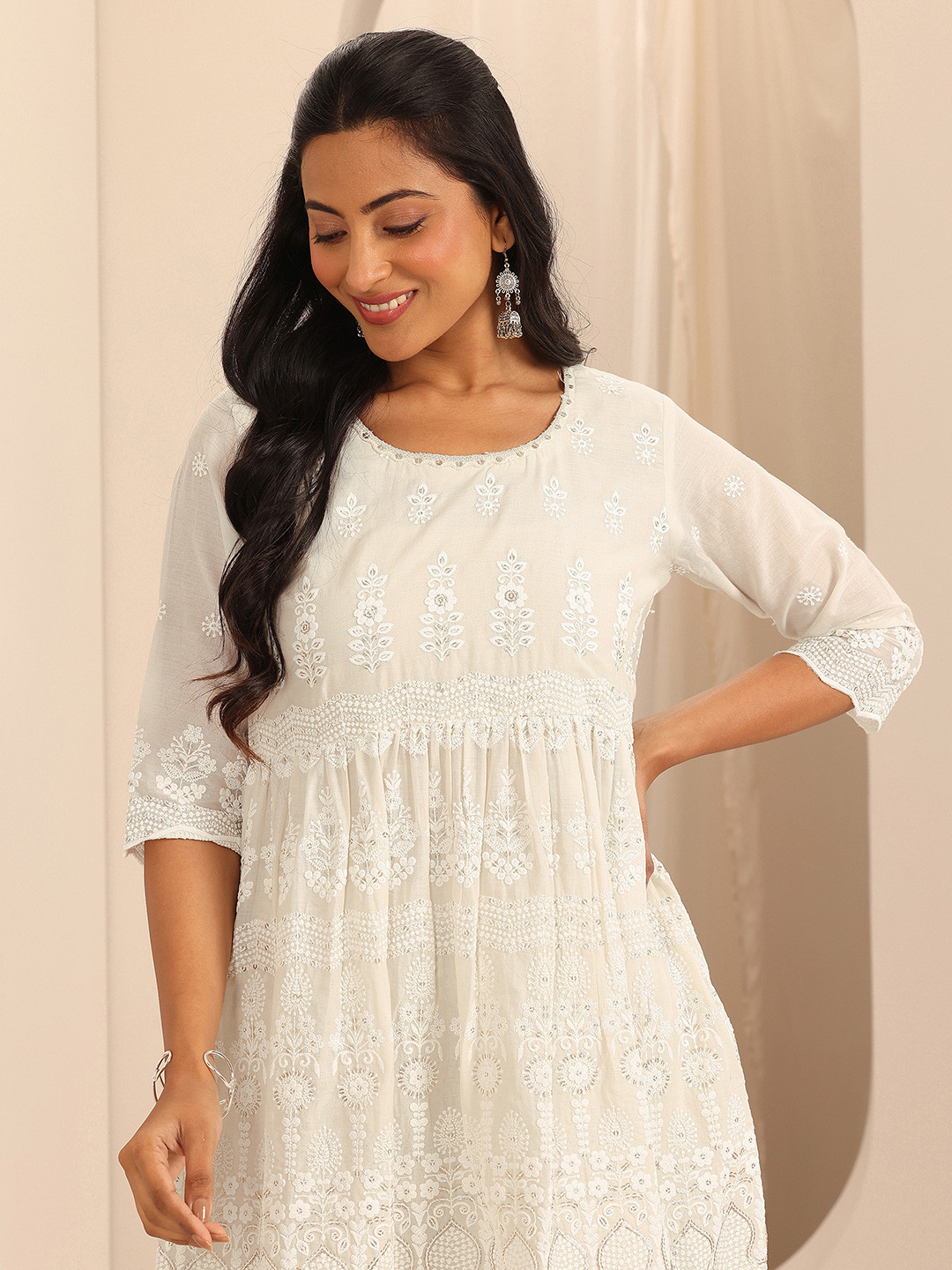 Libas Cotton Embroidered Round neck  Tunic Top and Slip on Palazzo