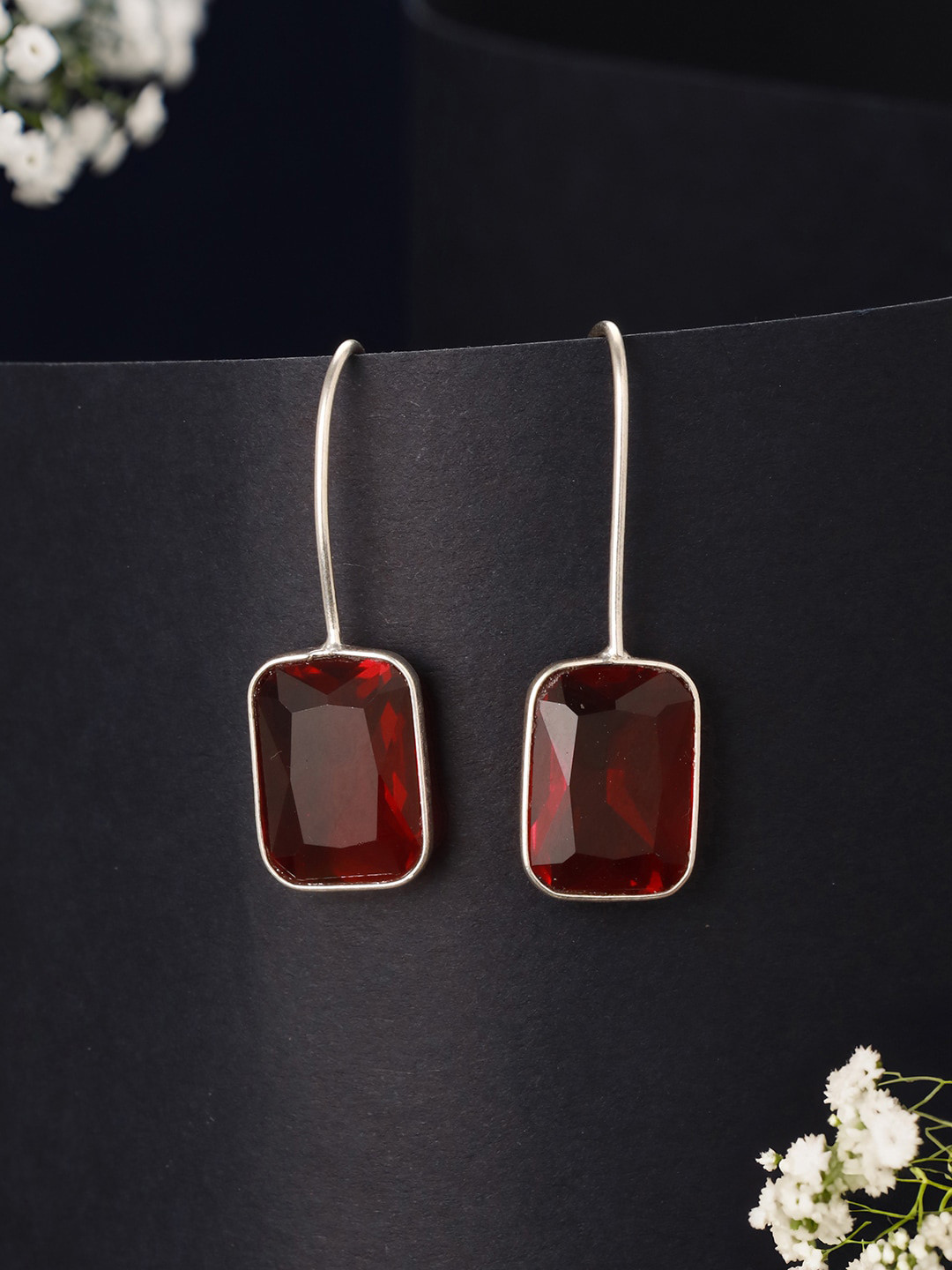 Saraf RS Jewellery Rhodium-Plated Contemporary Oxidised Ruby Drop Earrings