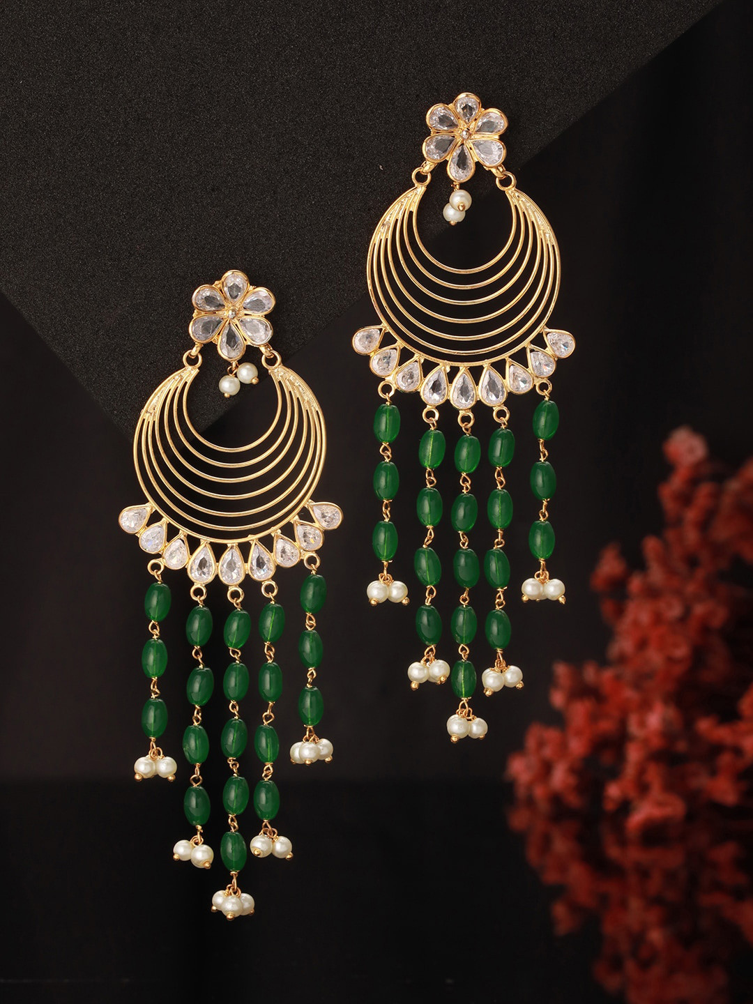 Saraf RS Jewellery 24K Gold Plated Kundan & Pearls Beaded Bridal Floral Chandbali Earrings