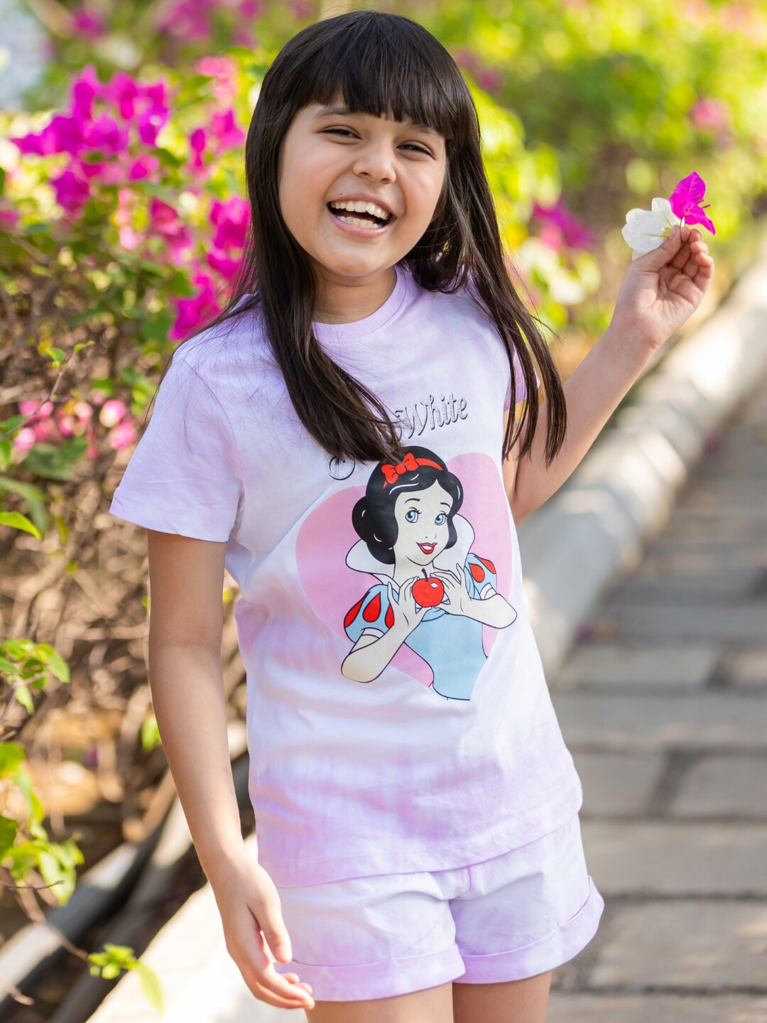 Girls Disney Snow White Printed Pure Cotton Tie & Dye T-shirt with Shorts