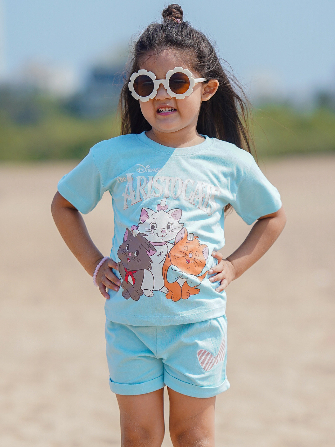 Girls Disney Aristocats Printed Pure Cotton T-shirt with Shorts
