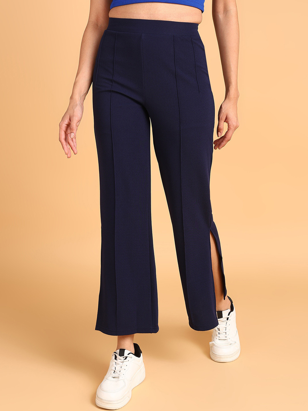 The Roadster Lifestyle Co Women Navy Blue High-Rise Slited Trousers