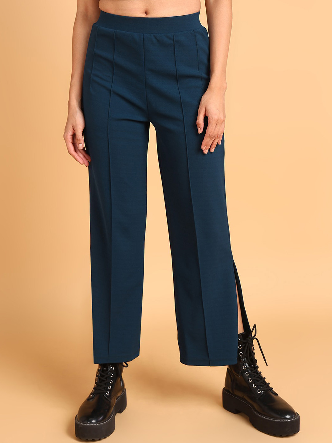 The Roadster Lifestyle Co Women Teal Blue High-Rise Slitted Regular Trousers