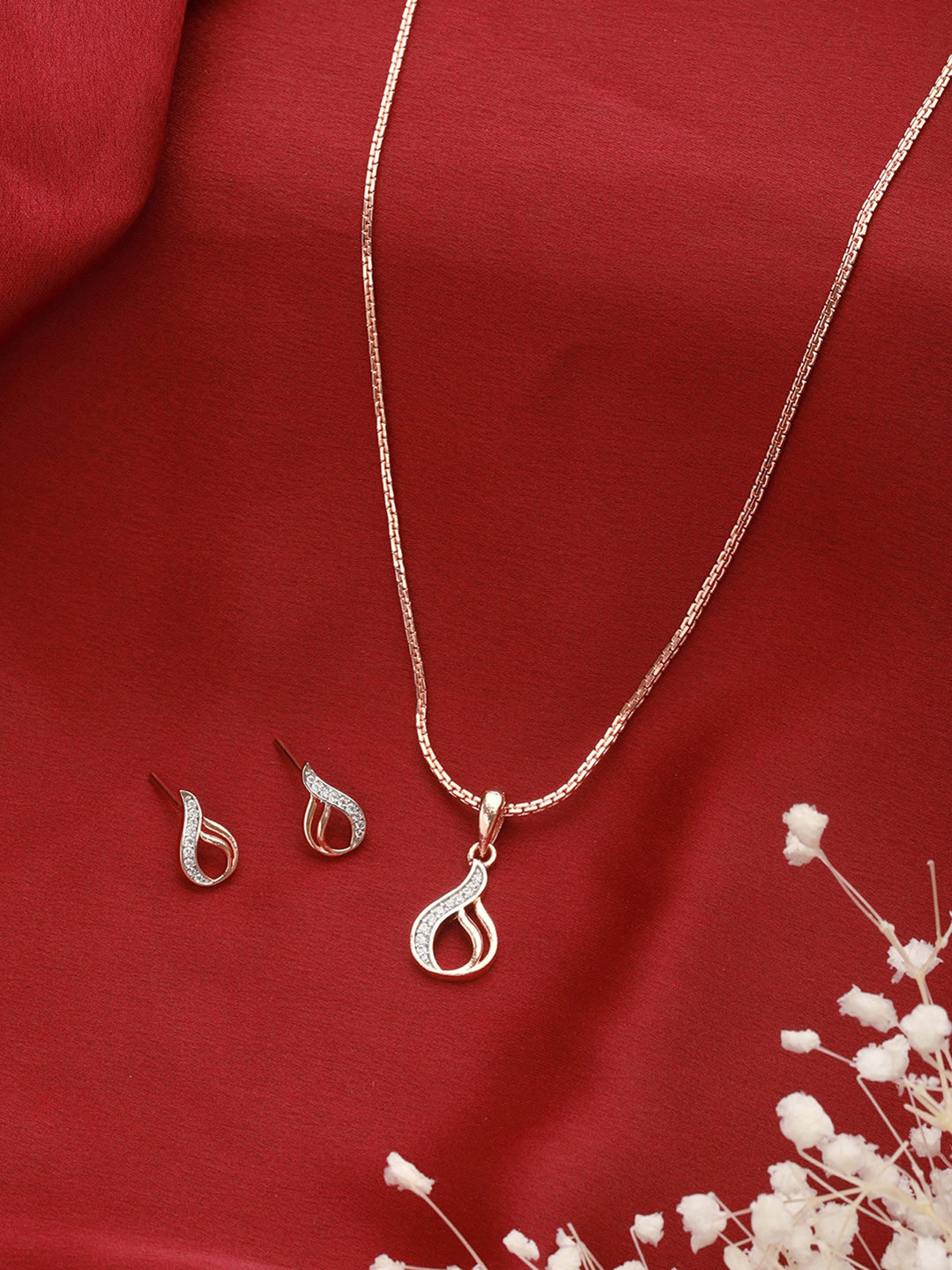 Saraf RS Jewellery Rose Gold Plated AD Studded Swirl Minimal Pendant Jewellery Set