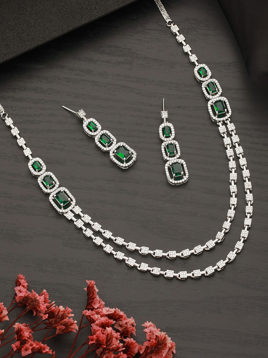 Saraf RS Jewellery Silver Plated Green Zircon Studded Double 2 Lined Bridal Jewellery set