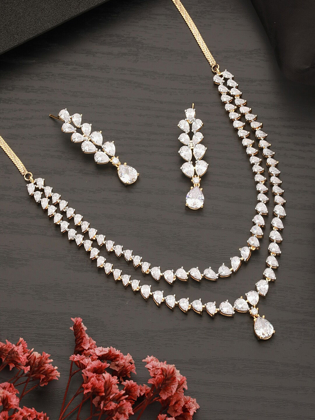 Saraf RS Jewellery Gold-Plated CZ-Studded Layered Pear-shaped Solitaire Jewellery Set