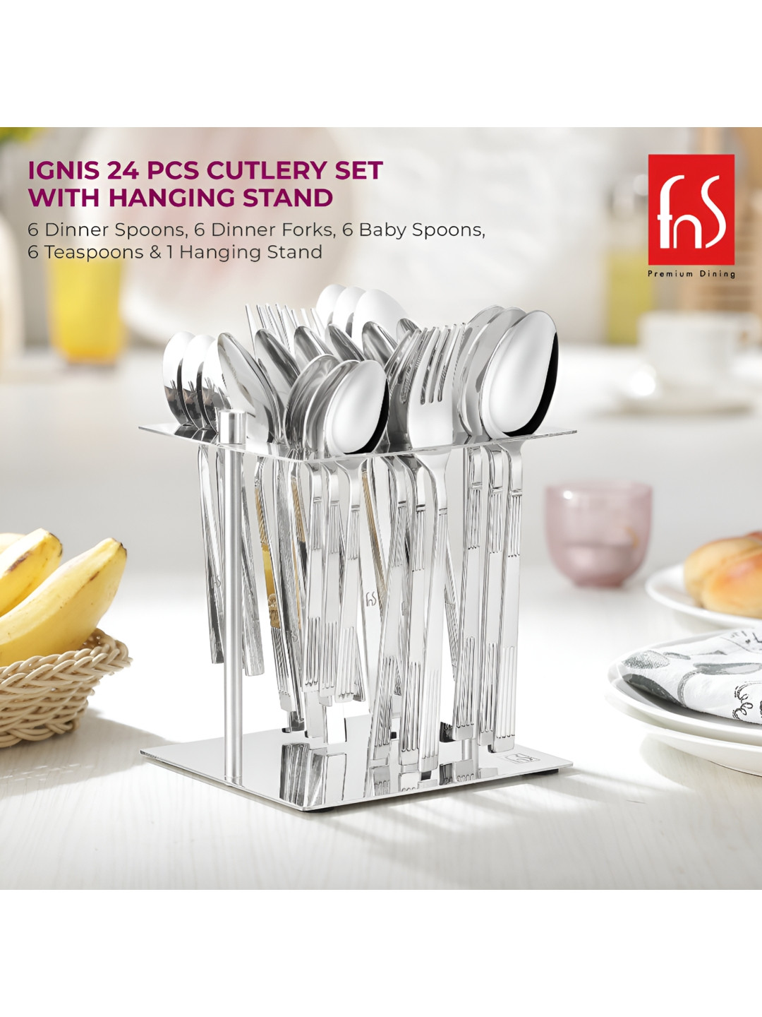 FNS 24 Pcs Textured Stainless Steel Mixed Cutlery Set