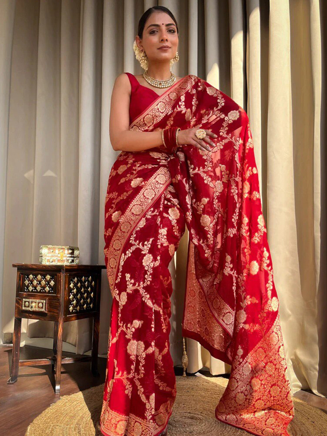 bansari textiles Ethnic Motifs Woven Design Zari Silk Blend Banarasi Saree