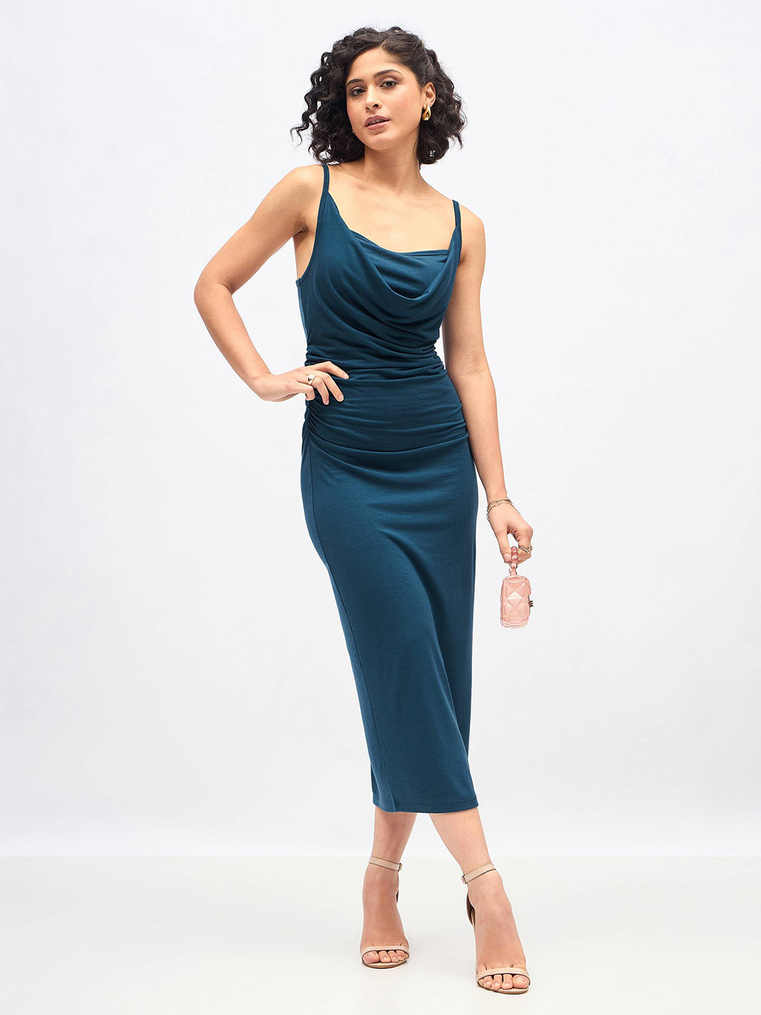 SASSAFRAS Teal Blue Cowl Neck Bodycon Midi Dress