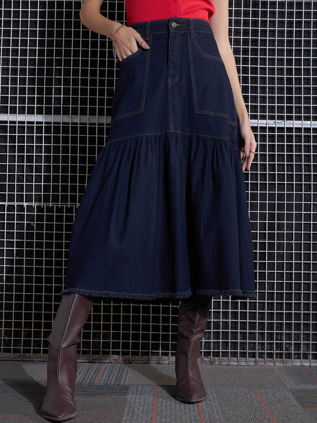 SASSAFRAS Denim Midi Flared Skirt
