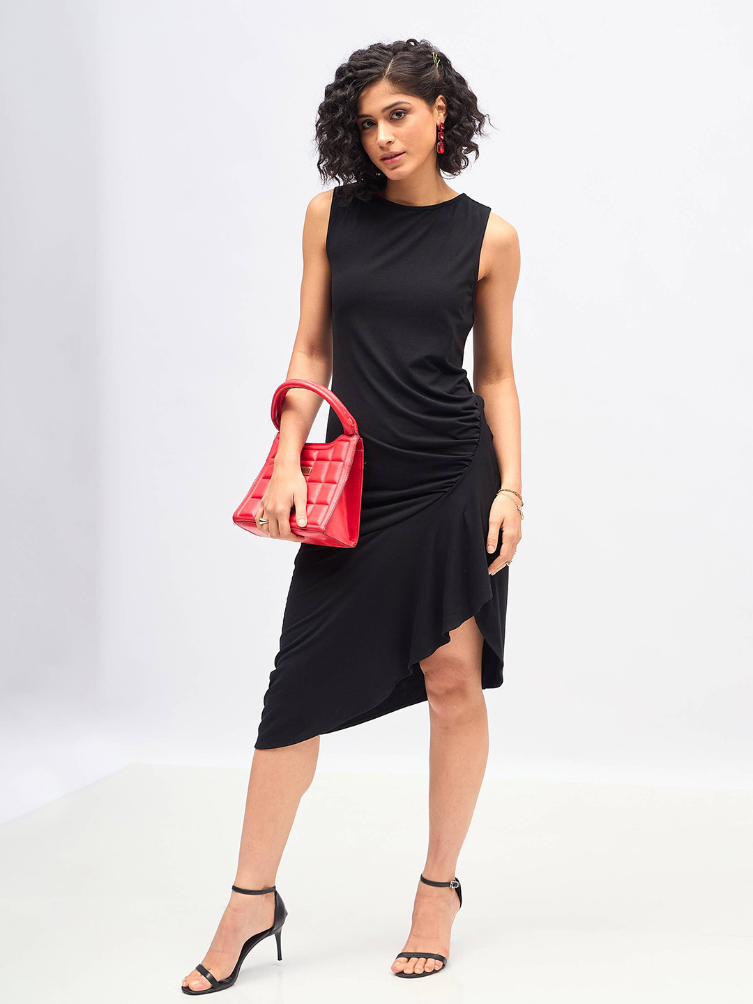 SASSAFRAS Black Ruffled Asymmetric Sheath Midi Dress