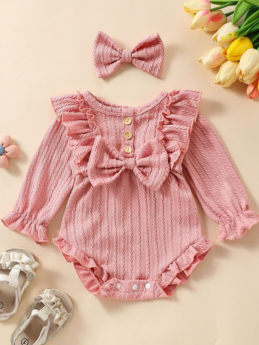 StyleCast Infants Girls Pink Self design Bow Knot Detail Bodysuit