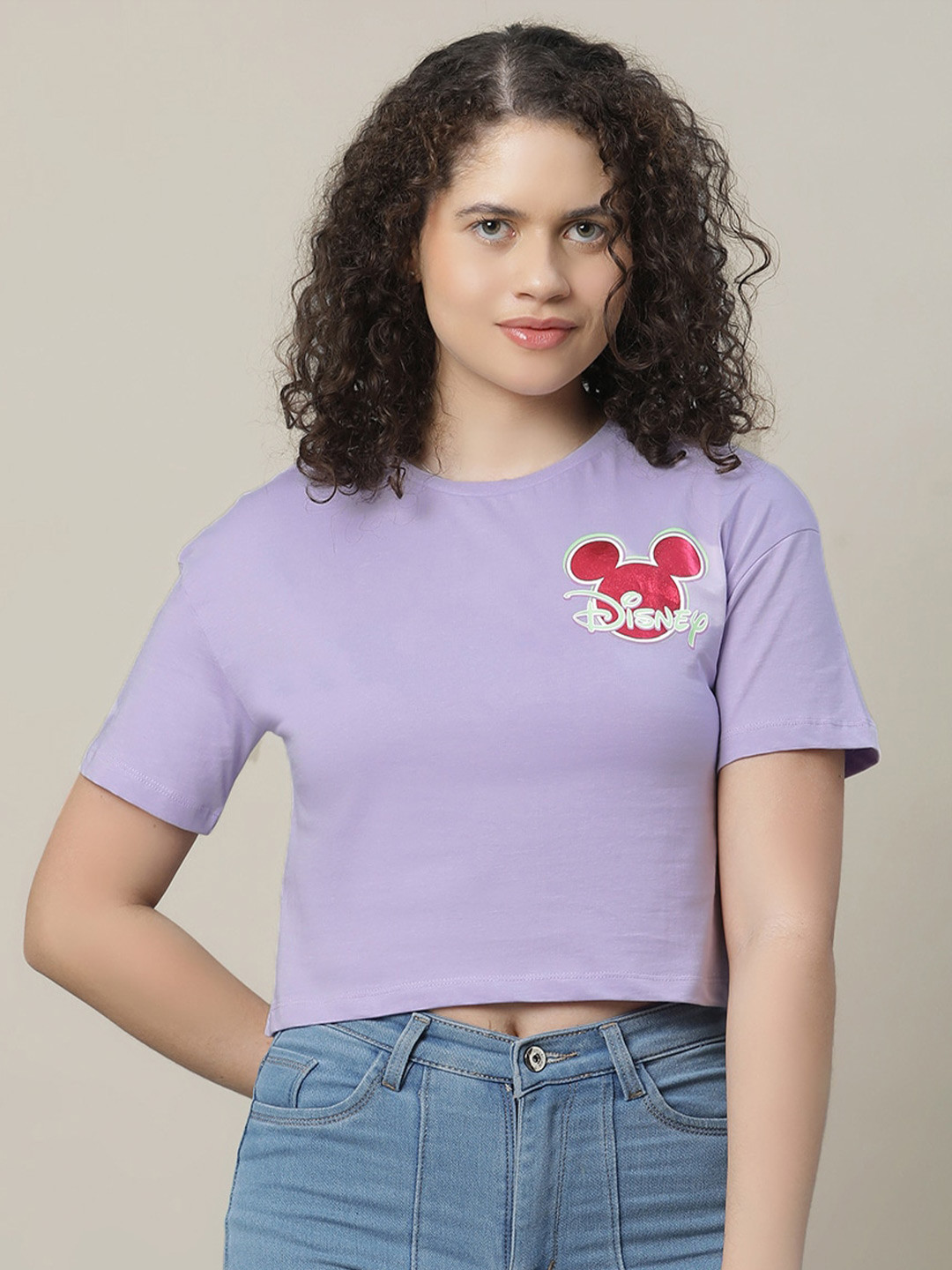 Kids Ville Girls Mickey & Friends Printed Pure Cotton Relaxed Fit Crop Tshirt
