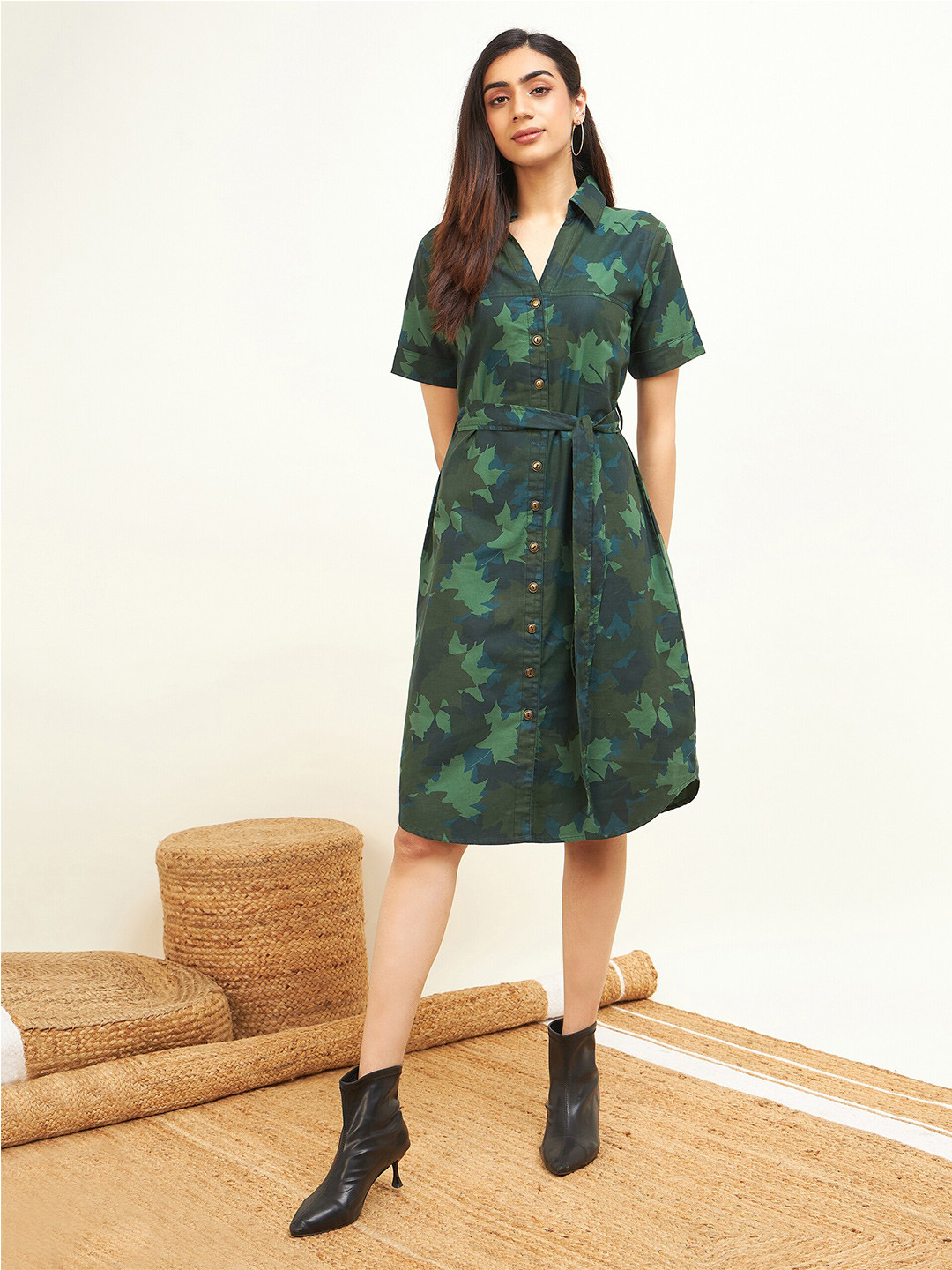 STADO Floral Print Shirt Collar Cotton  A-Line Dress