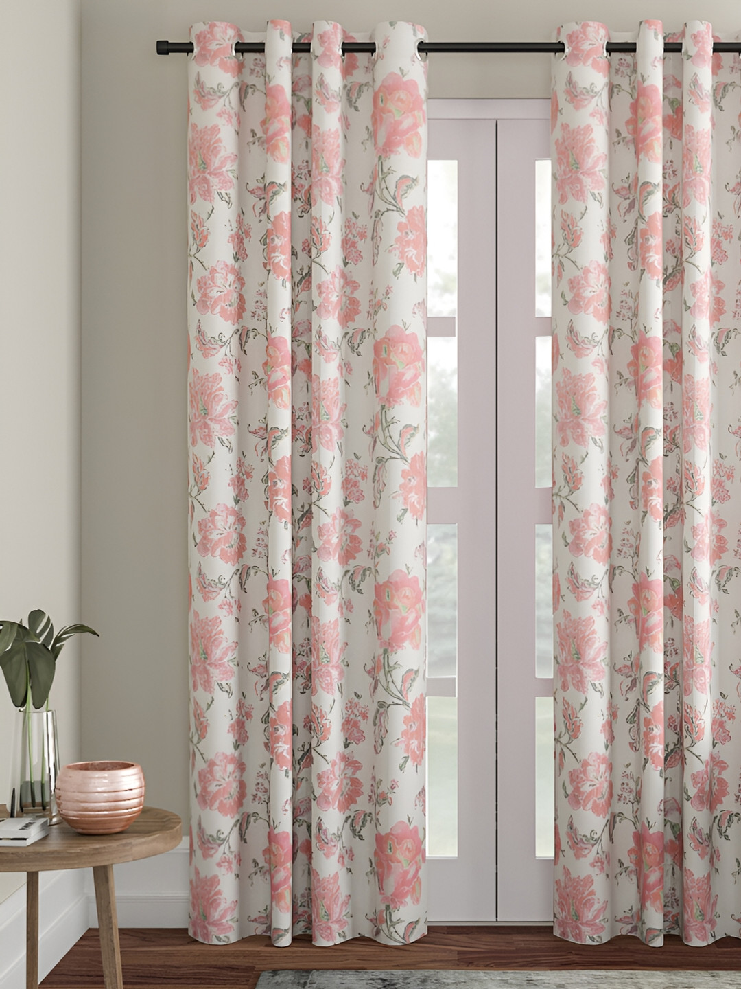 Aura Red & Off White Floral Jute Cotton Eyelet Room Darkening Window Curtains
