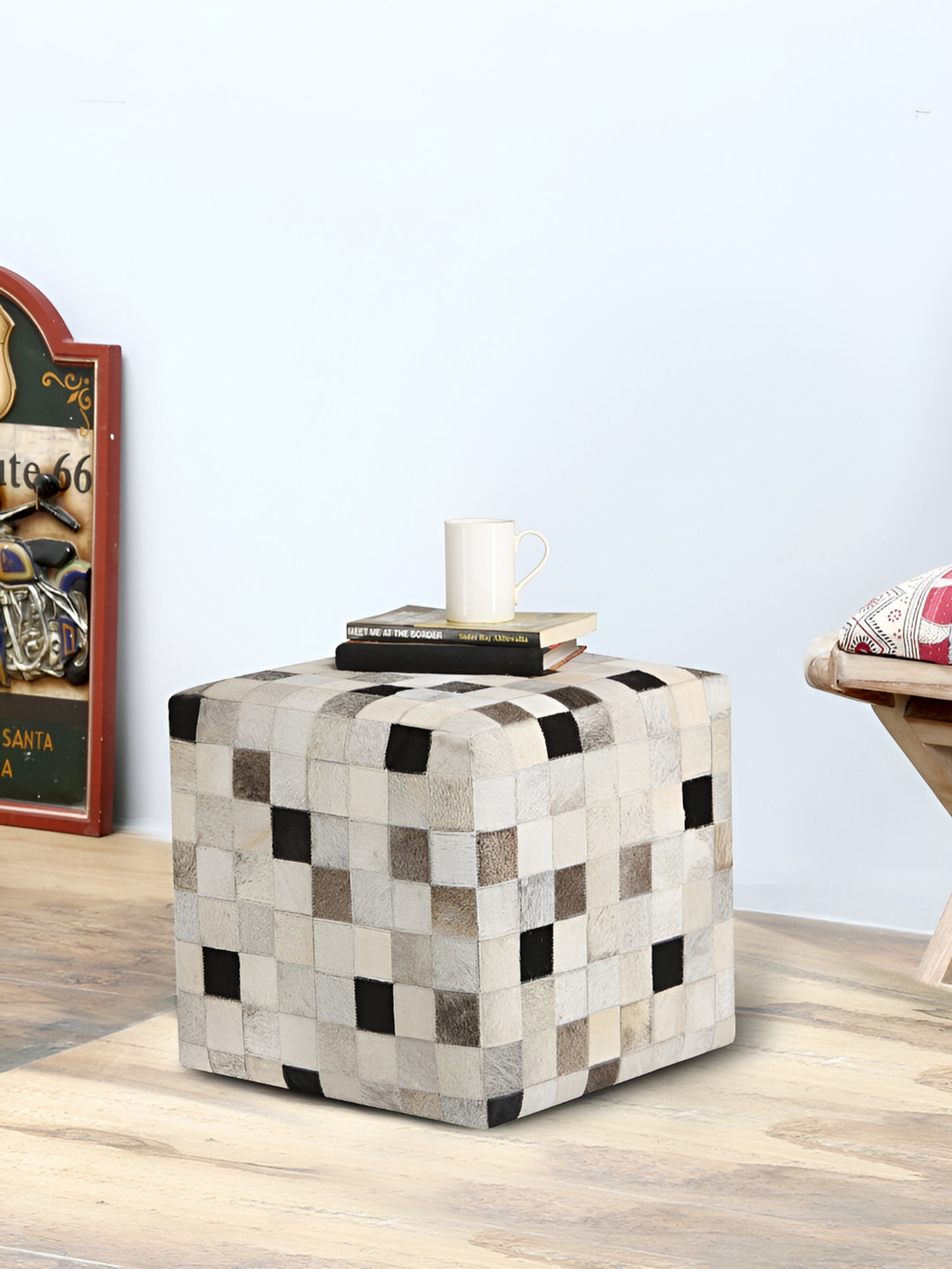 ROMEE Grey & Black Cotton Square Cowhide Leather Pouffe Ottomans