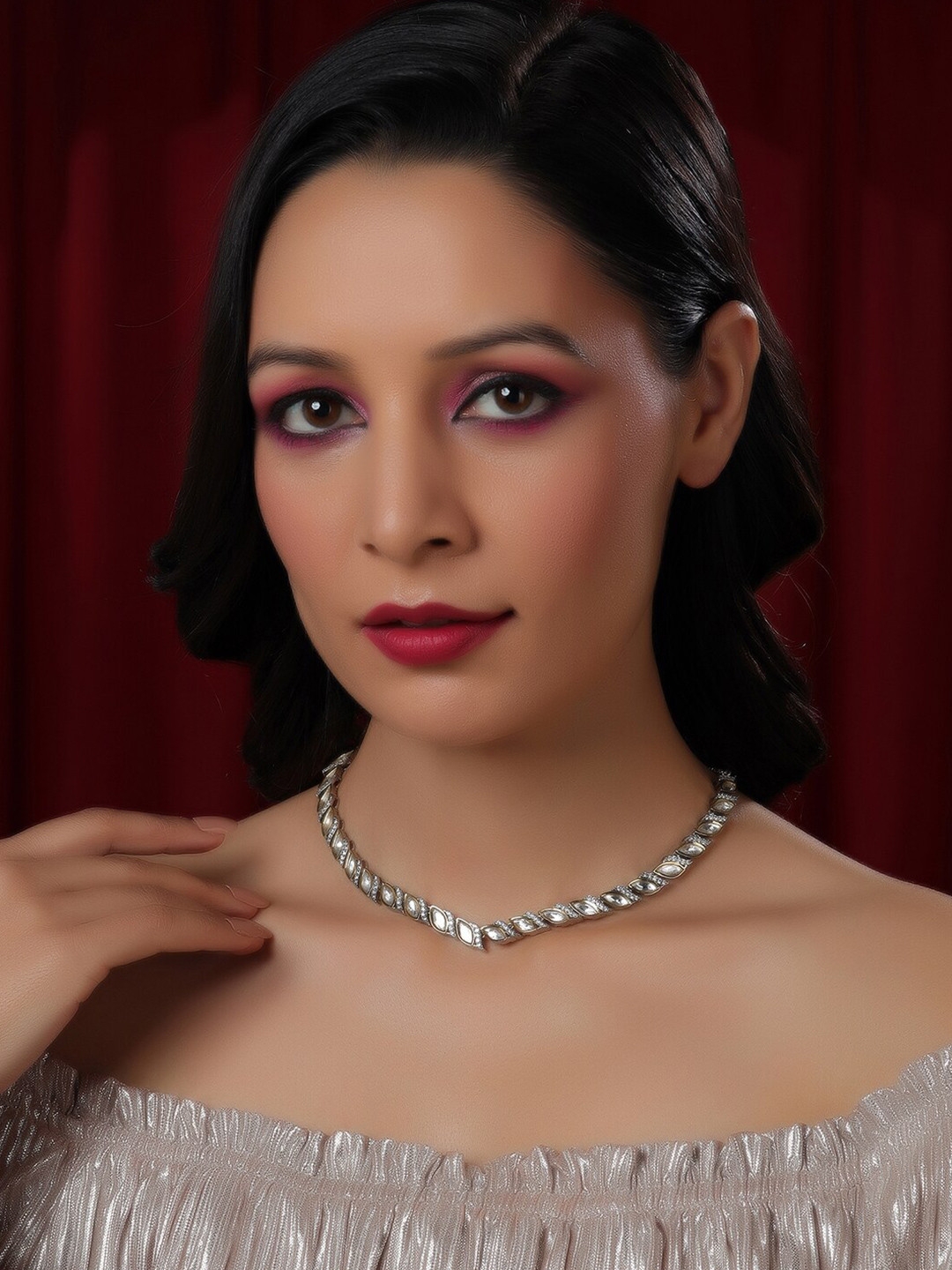 Ruby Raang Brass Silver-Plated Kundan and American Diamonds Necklace