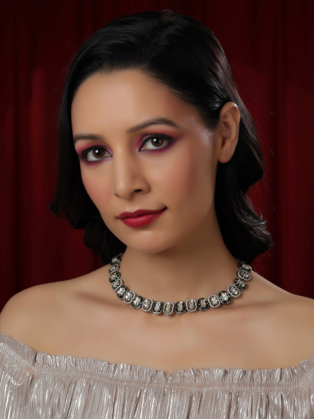 Ruby Raang Brass Silver-Plated Meenakari and American Daimond Necklace