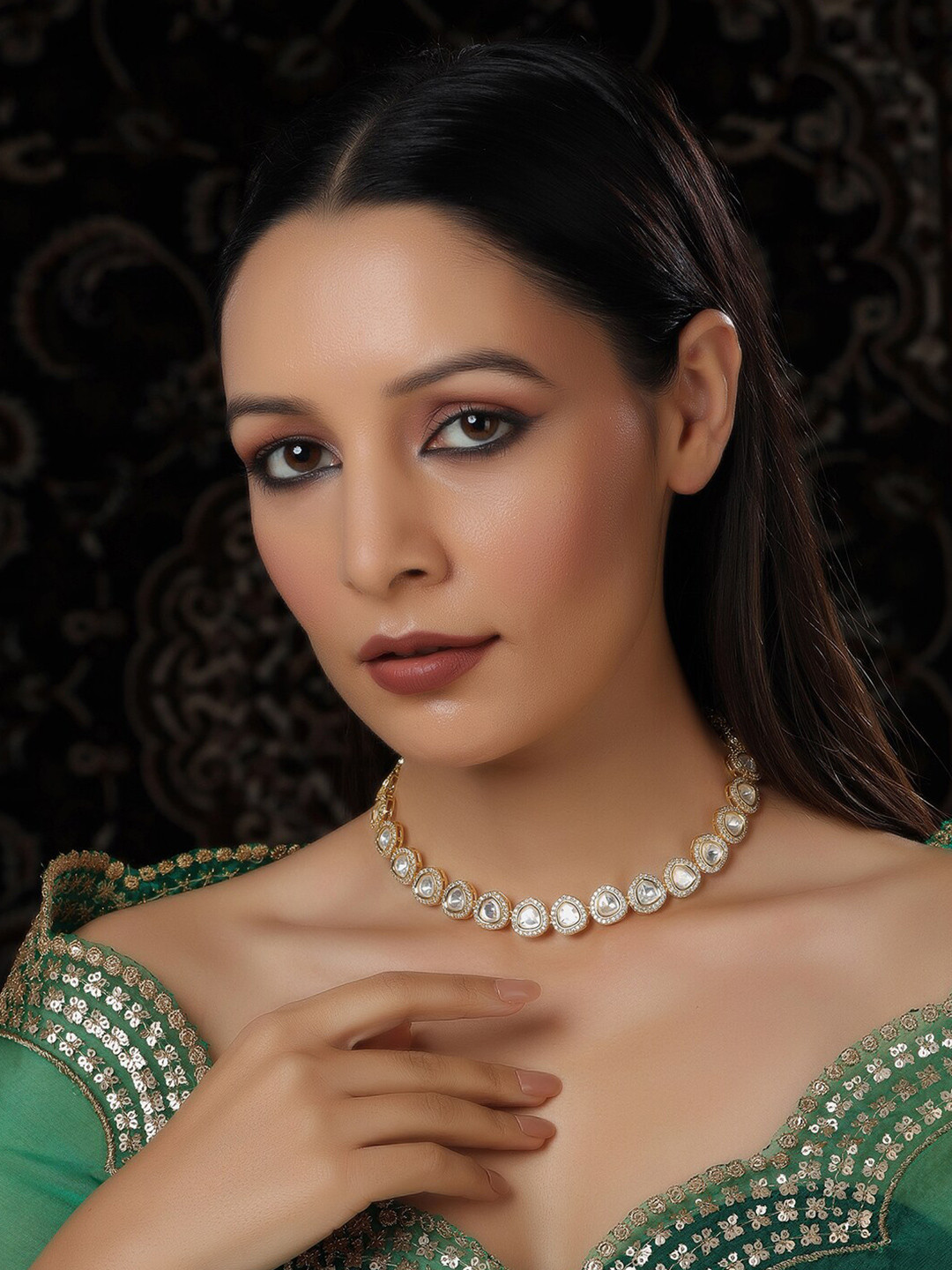 Ruby Raang Brass Gold-Plated Kundan and American Diamond Necklace