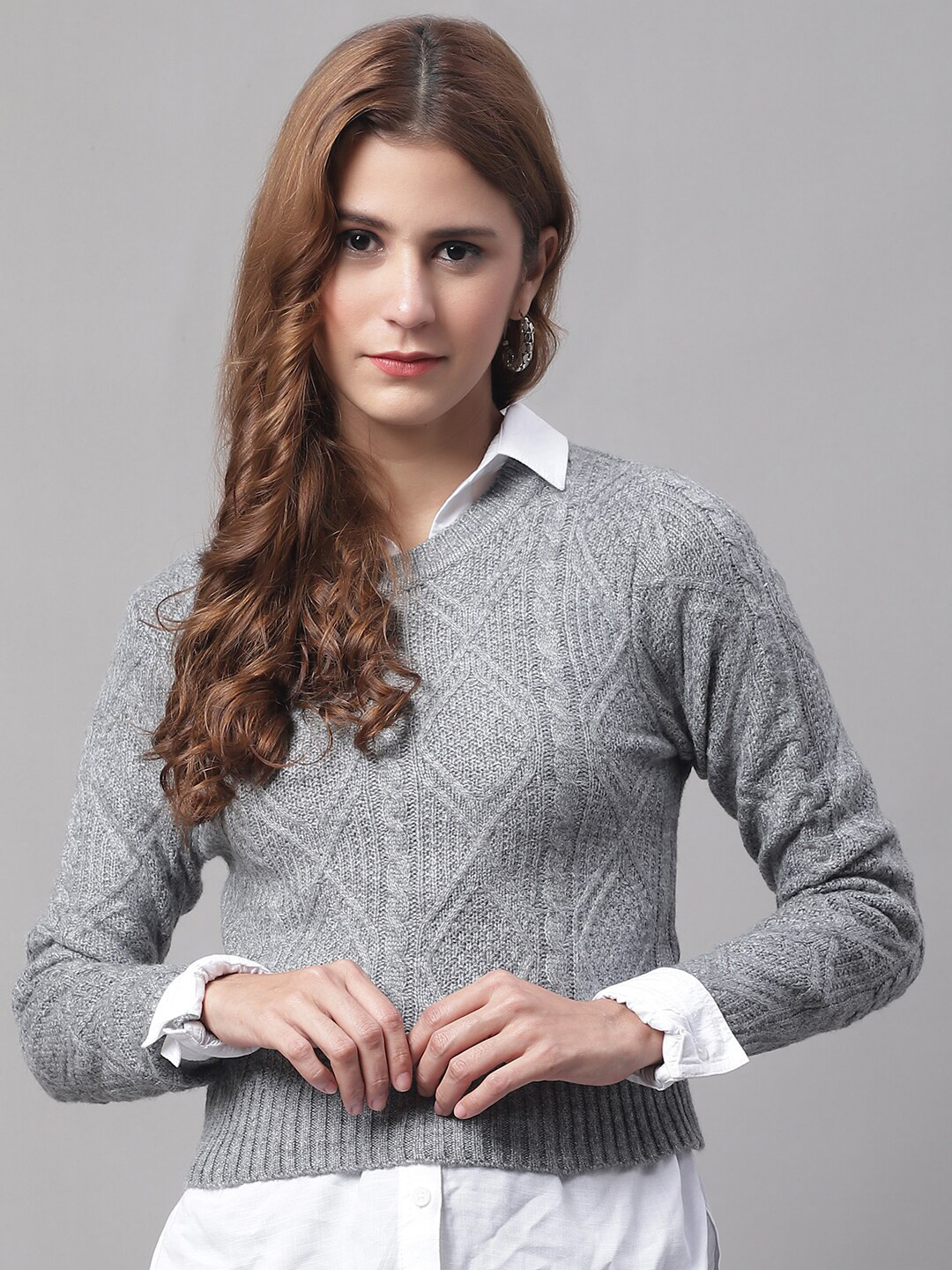 NoBarr Round Neck Cable Knit Pullover with Fuzzy Detail