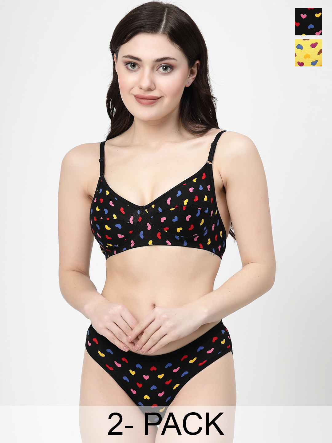 Docare Pack Of 2 Printed Non-Padded Lingerie Set LittleHeartSet-Yellow-Black