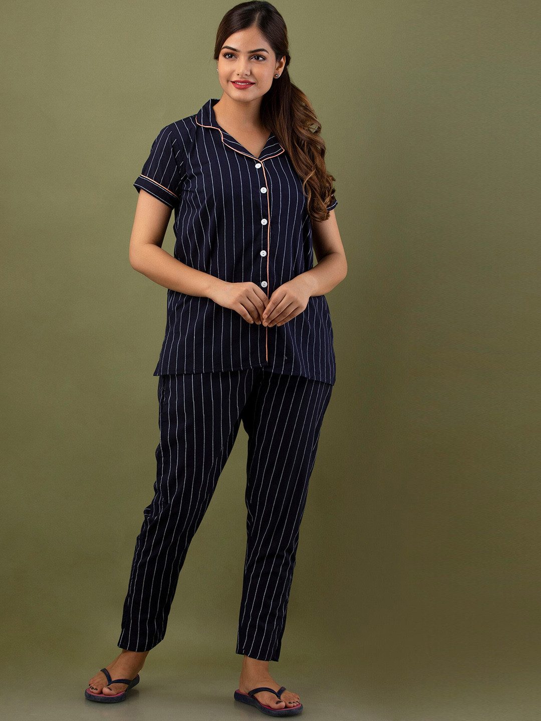 PINGALA Striped Lapel Collar Night Suit