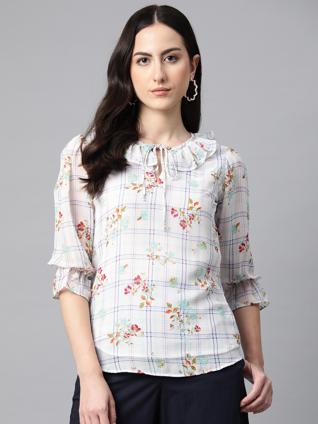 Cottinfab Floral Print Tie-Up Neck Puff Sleeve Ruffles Georgette Top