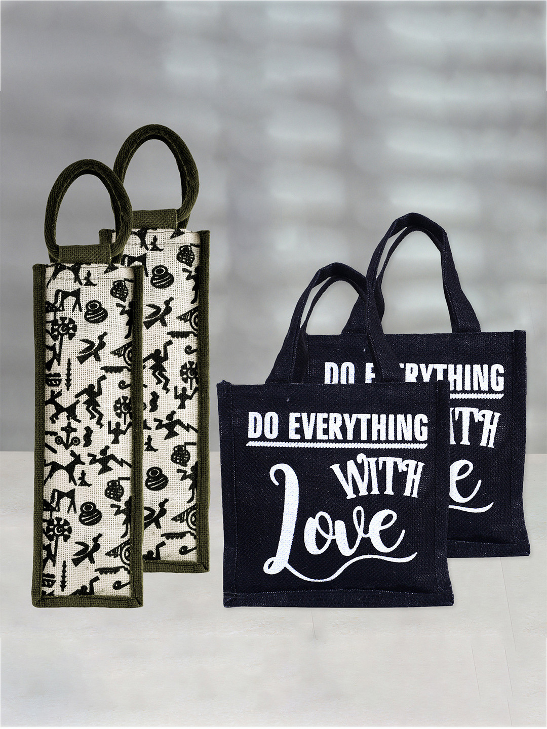 Kuber Industries Set Of 4 Printed Jute Carry Lunch & Bottle Bag Set