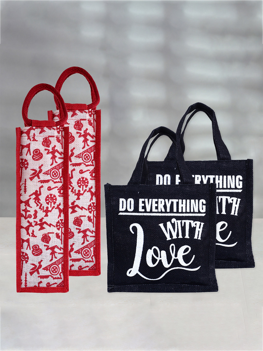 Kuber Industries Set Of 4 Printed Jute Carry Lunch & Bottle Bag Set