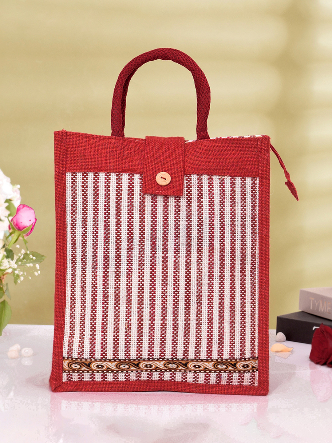 Kuber Industries Pack Of 2 Striped Jute Top Flap-Lining Carry Shopping Bag