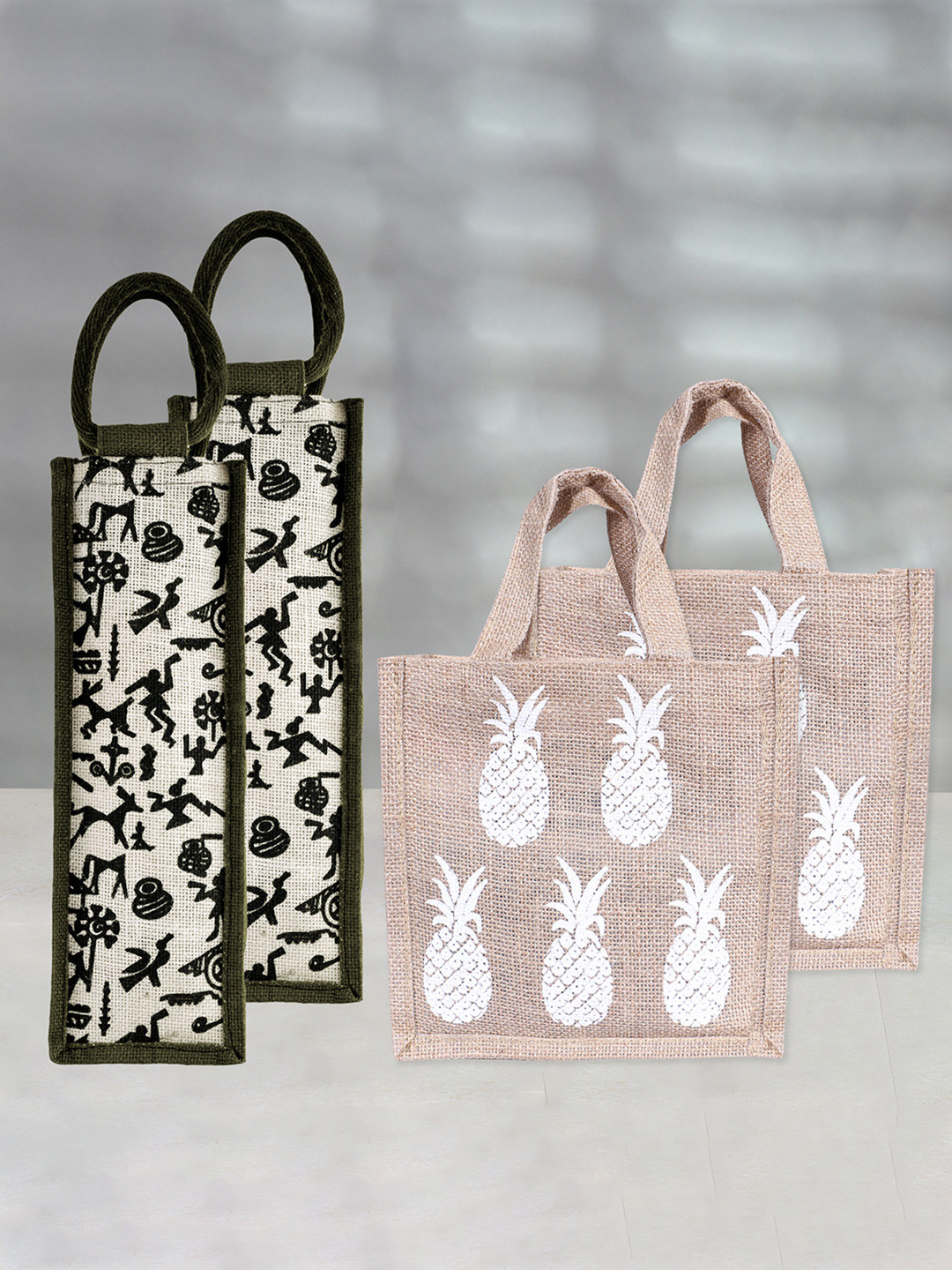 Kuber Industries Set Of 4 Jute Carry Lunch & Bottle Bag