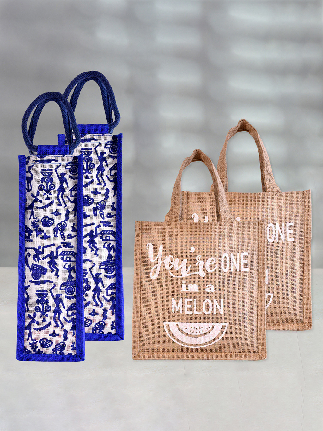 Kuber Industries Pack Of 4 Jute Carry Lunch & Bottle Bag