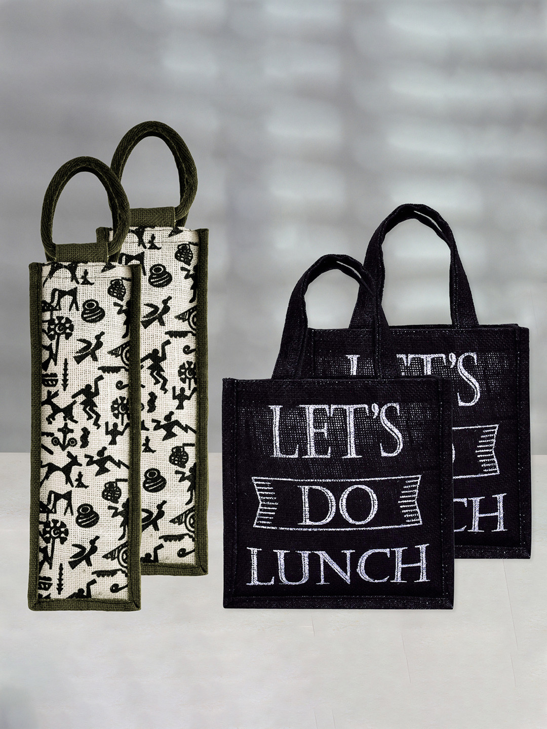 Kuber Industries Pack Of 4 Jute Carry Lunch Bag & Bottle Bag