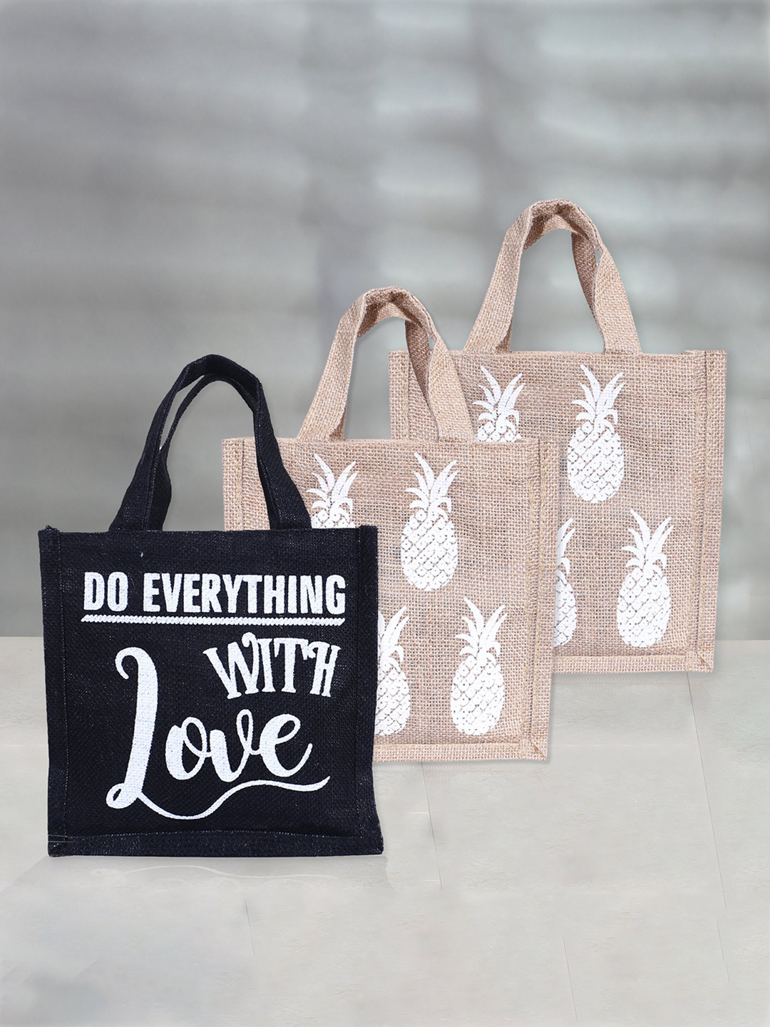 Kuber Industries 3 Pcs Printed Jute Handheld Bag
