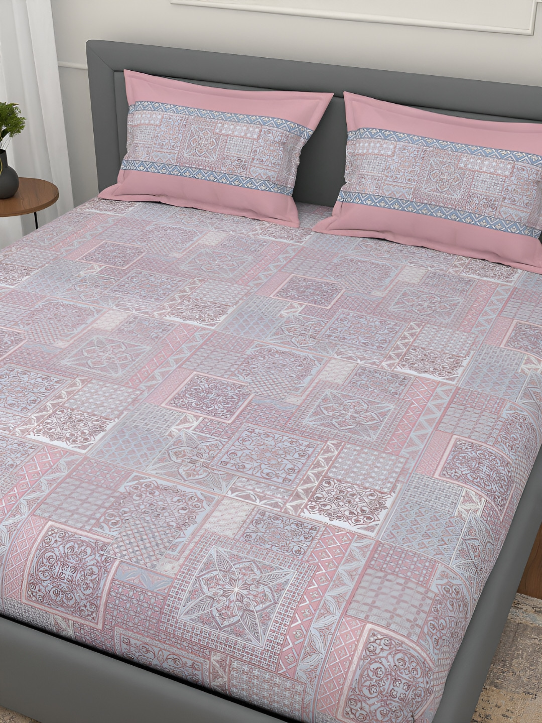 Srijee Decors Mandana Pink Ethnic Motifs Cotton 300 TC Fitted King Fine Bedsheet with 2 Pillow Covers-108 x 108 inches