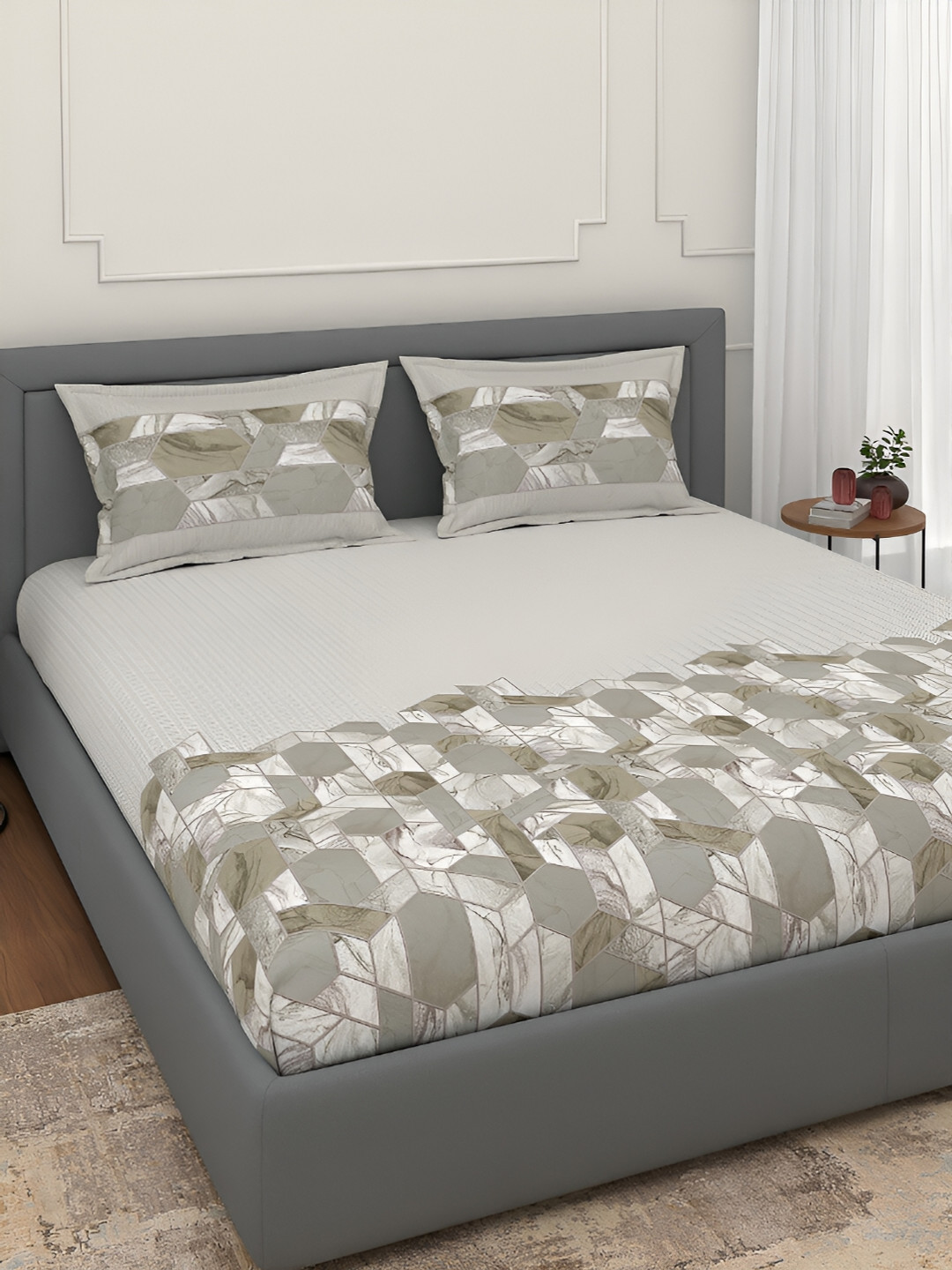 Srijee Decors Grey Geometric Cotton 300 TC Fitted King Fine Bedsheet with 2 Pillow Covers-108 x 108 inches