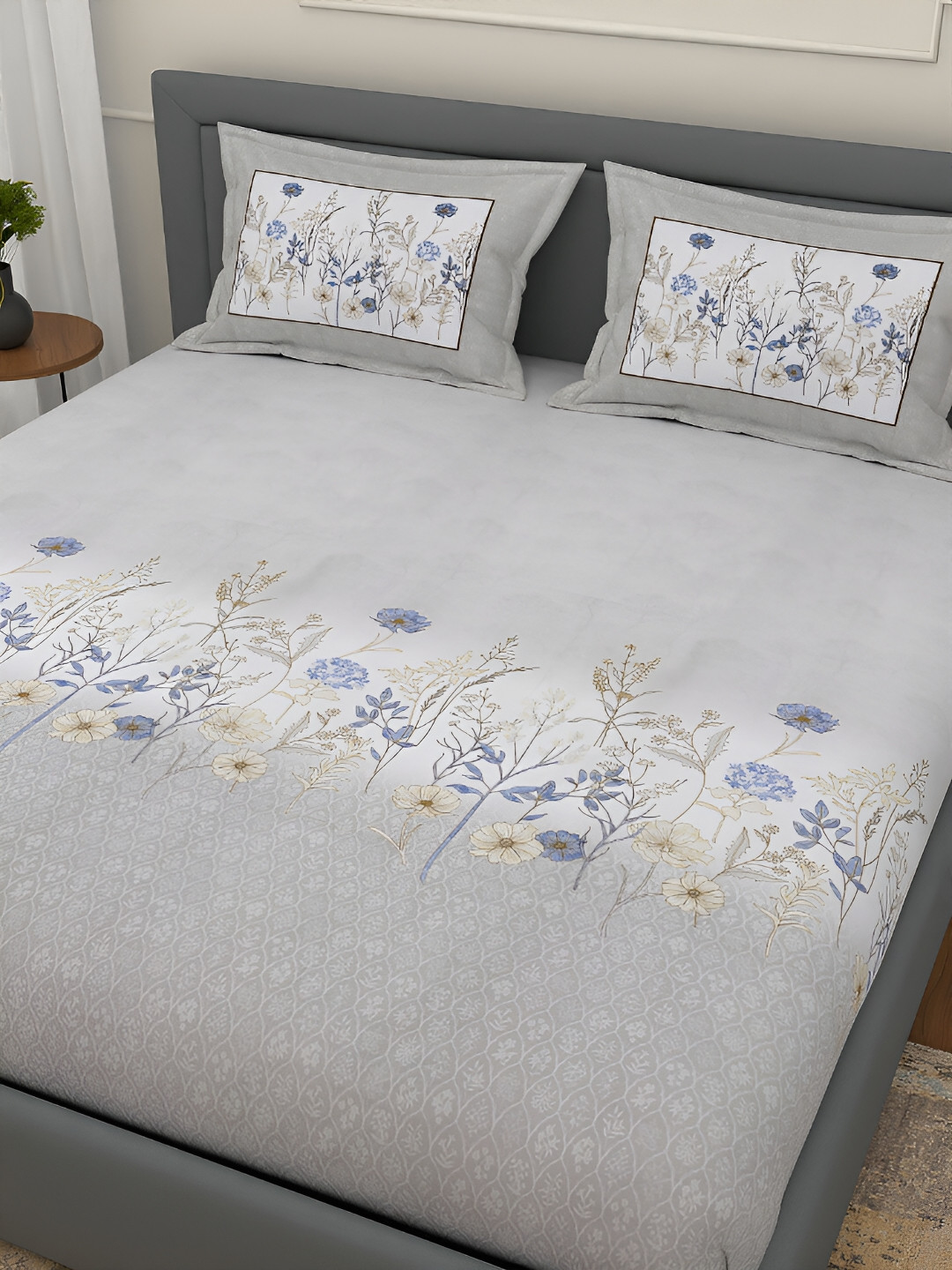 Srijee Decors Branch Grey Floral Cotton 300 TC Fitted King Fine Bedsheet with 2 Pillow Covers-108 x 108 inches