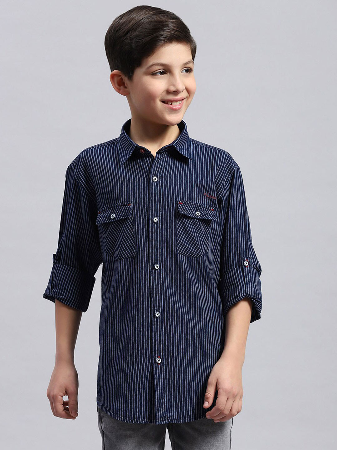 Monte Carlo Boys Classic Stripe Spread Collar Roll Up Sleeves Cotton Casual Shirt