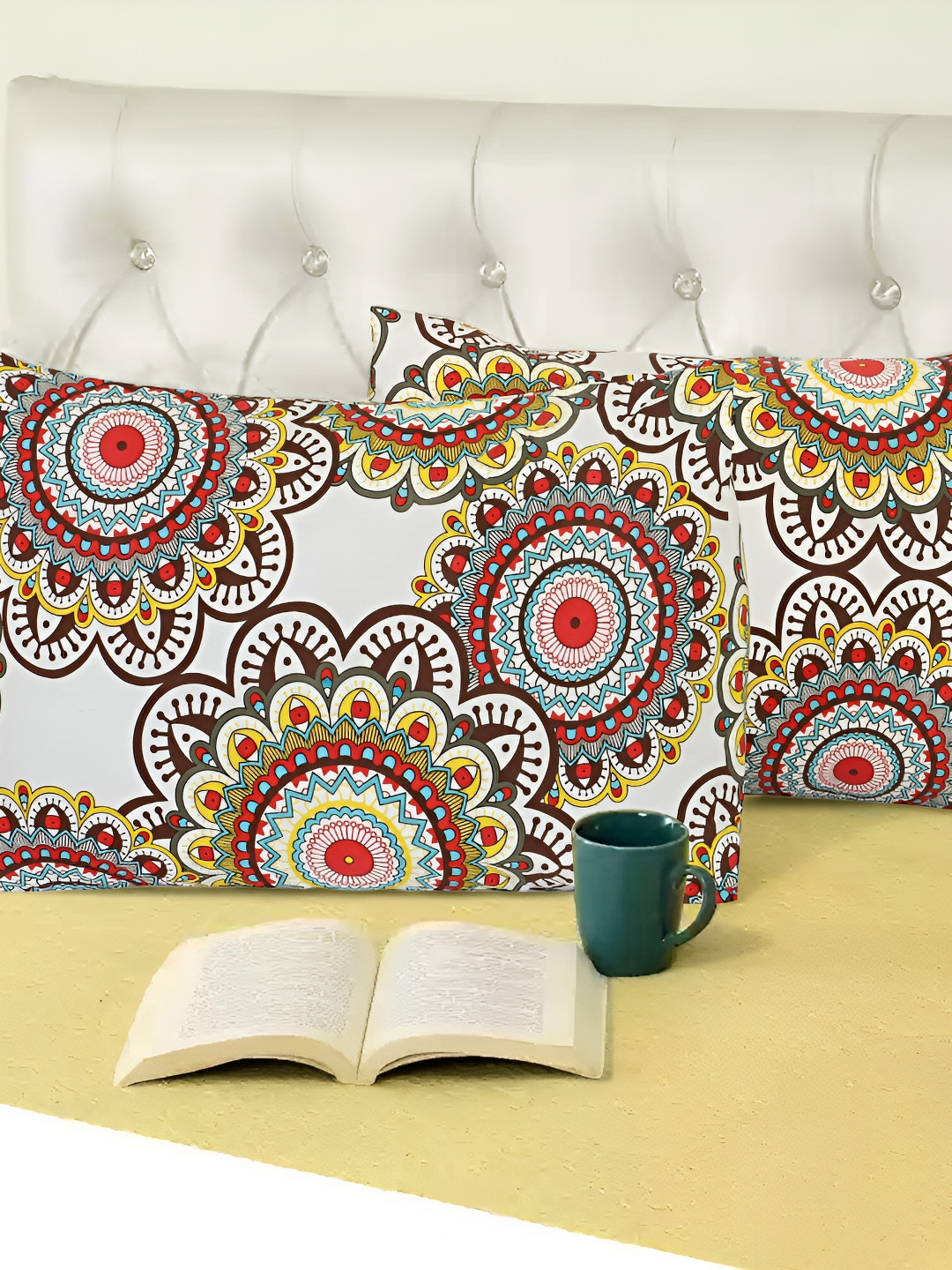 MIYANBAZAZ Yellow & Red 2 Pieces Self Design Pure Cotton Rectangular Pillow Covers
