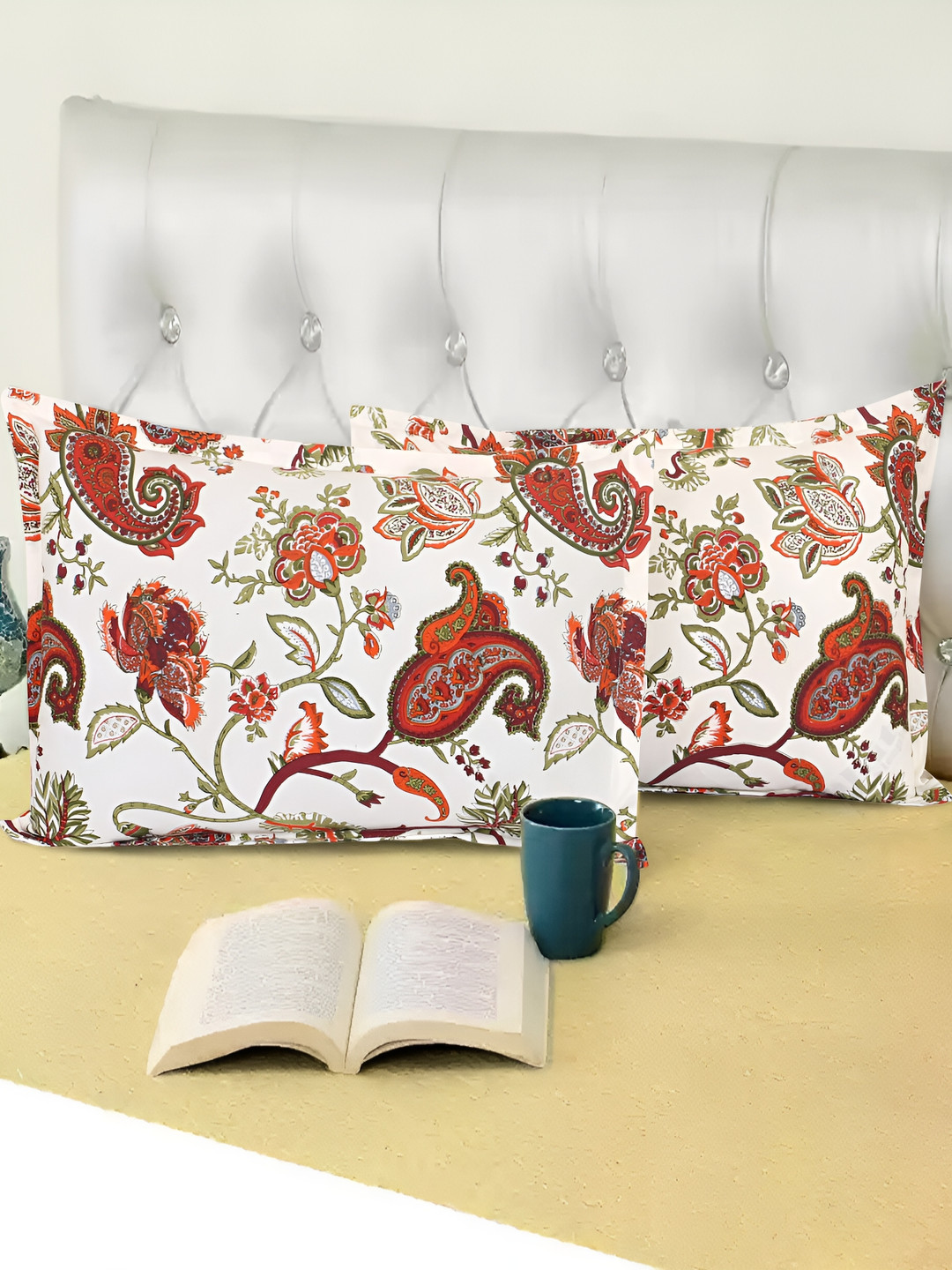 MIYANBAZAZ Red & White 2 Pieces Self Design Pure Cotton Rectangular Pillow Covers