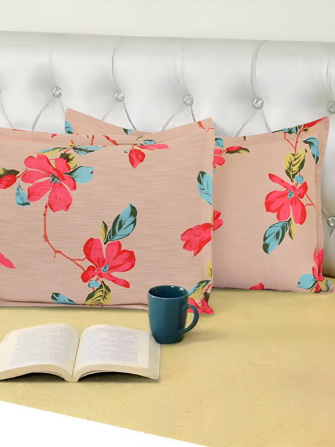 MIYANBAZAZ Beige & Red 2 Pieces Self Design Pure Cotton Rectangular Pillow Covers