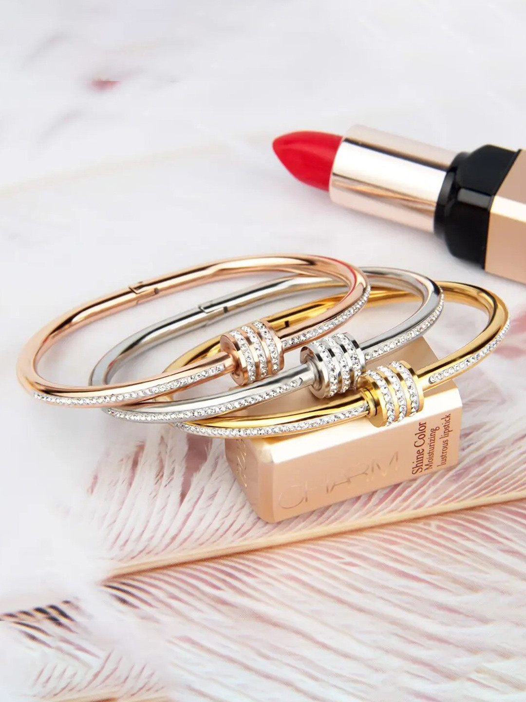 MEENAZ Set Of 3 American Diamond Silver-Plated Kada Bracelets